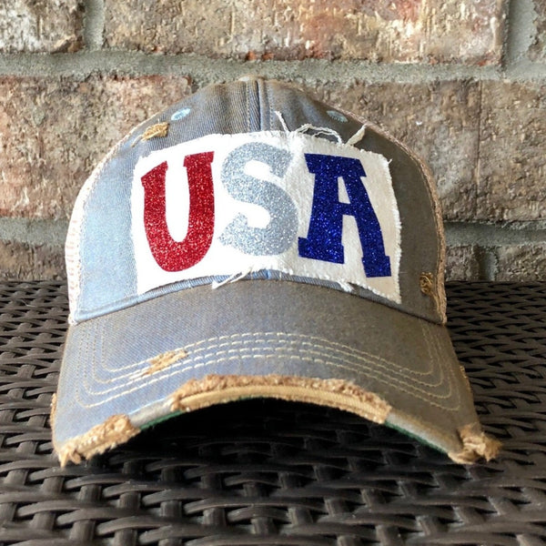 USA Glitter hat by BohoGroove with sparkly patriotic red white and blue USA patch on light blue vintage distressed snapback