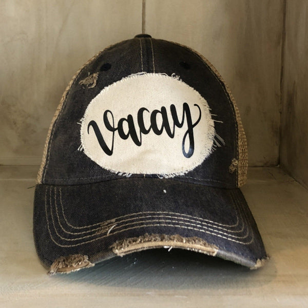 Vacay hat by BohoGroove with black Vacay lettering on distressed off-white patch and navy blue vintage distressed snapback