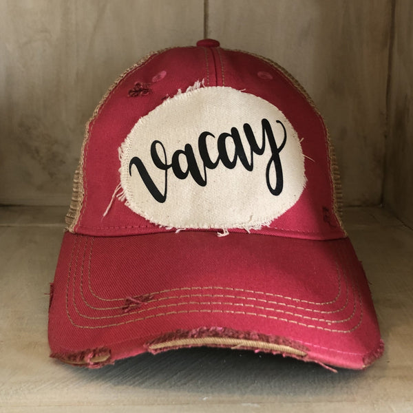 Vacay hat by BohoGroove with black Vacay lettering on distressed off-white patch and pink vintage distressed snapback