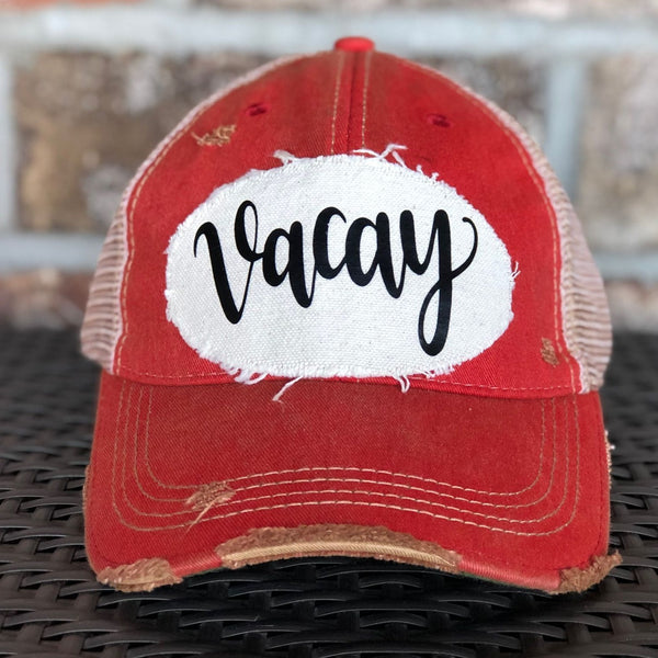 Vacay hat by BohoGroove with black Vacay lettering on distressed off-white patch and red vintage distressed snapback