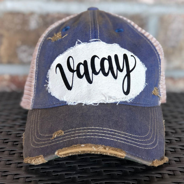 Vacay hat by BohoGroove with black Vacay lettering on distressed off-white patch and royal blue vintage distressed snapback