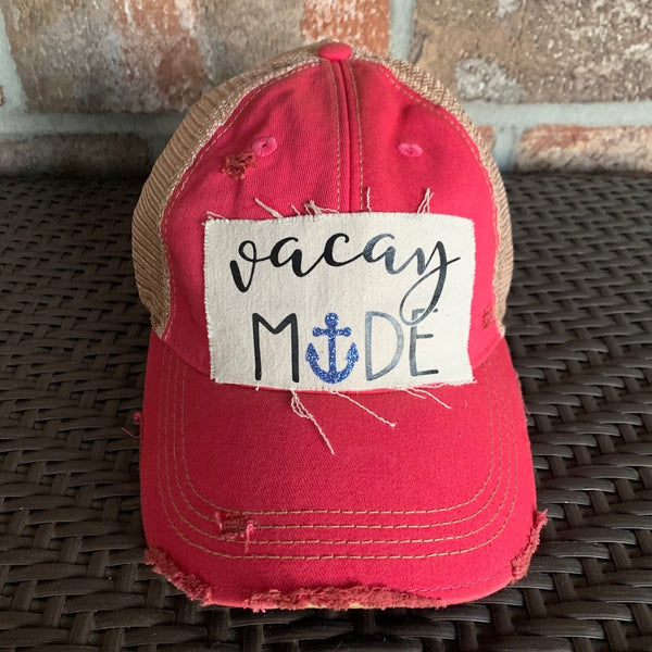 Vacay Mode hat by BohoGroove with black Vacay Mode lettering and blue anchor graphic on distressed off-white patch and pink vintage distressed snapback
