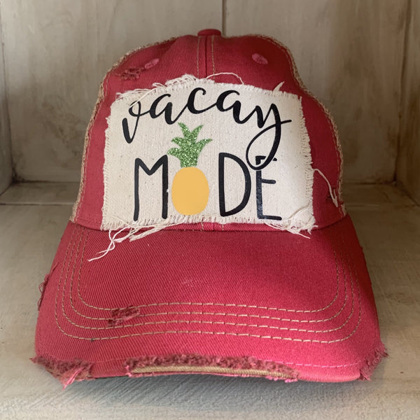 Vacay Mode hat by BohoGroove with black Vacay Mode lettering and pineapple graphic on distressed off-white patch and pink vintage distressed snapback