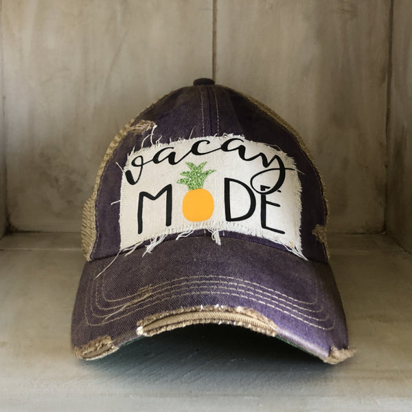 Vacay Mode hat by BohoGroove with black Vacay Mode lettering and pineapple graphic on distressed off-white patch and purple vintage distressed snapback
