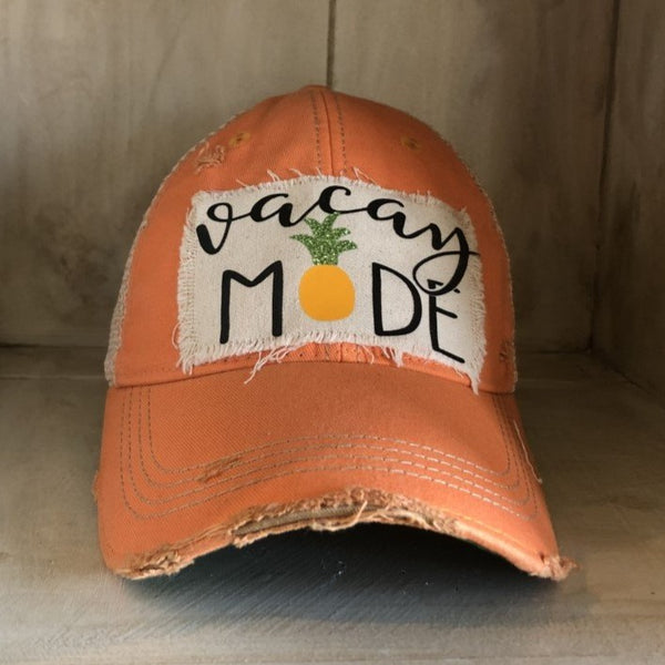 Vacay Mode hat by BohoGroove with black Vacay Mode lettering and pineapple graphic on distressed off-white patch and sherbet vintage distressed snapback