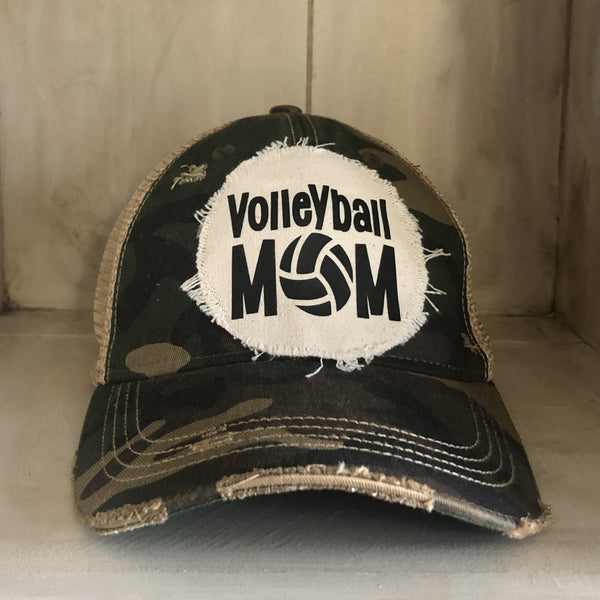 Volleyball Mom hat by BohoGroove featuring black Volleyball Mom lettering on a camo vintage distressed snapback hat