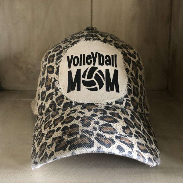 Volleyball Mom hat by BohoGroove featuring black Volleyball Mom lettering on a leopard vintage distressed snapback hat
