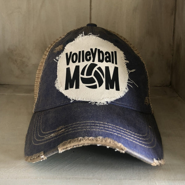 Volleyball Mom hat by BohoGroove featuring black Volleyball Mom lettering on a navy blue vintage distressed snapback hat