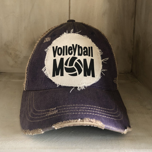 Volleyball Mom hat by BohoGroove featuring black Volleyball Mom lettering on a purple vintage distressed snapback hat
