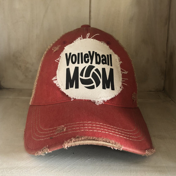 Volleyball Mom hat by BohoGroove featuring black Volleyball Mom lettering on a red vintage distressed snapback hat