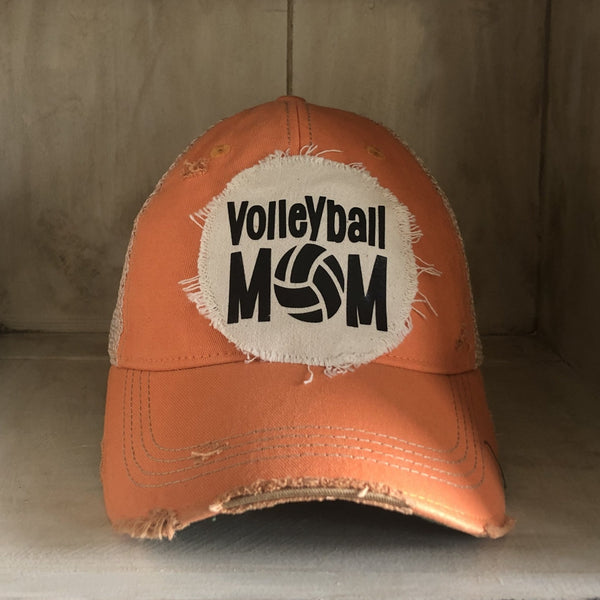 Volleyball Mom hat by BohoGroove featuring black Volleyball Mom lettering on a sherbet vintage distressed snapback hat