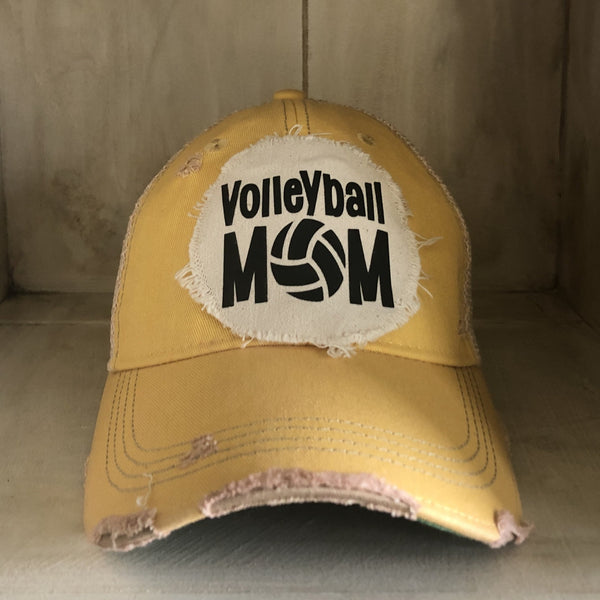 Volleyball Mom hat by BohoGroove featuring black Volleyball Mom lettering on a yellow vintage distressed snapback hat
